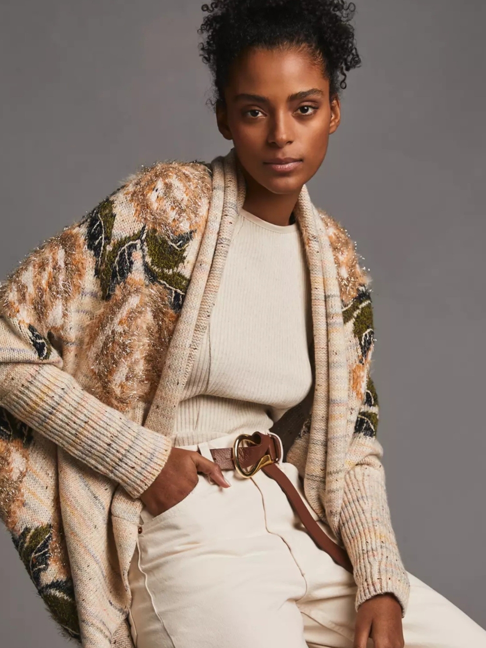 Anthropologie Cream and Olive Floral Chunky Open-Front Cardigan